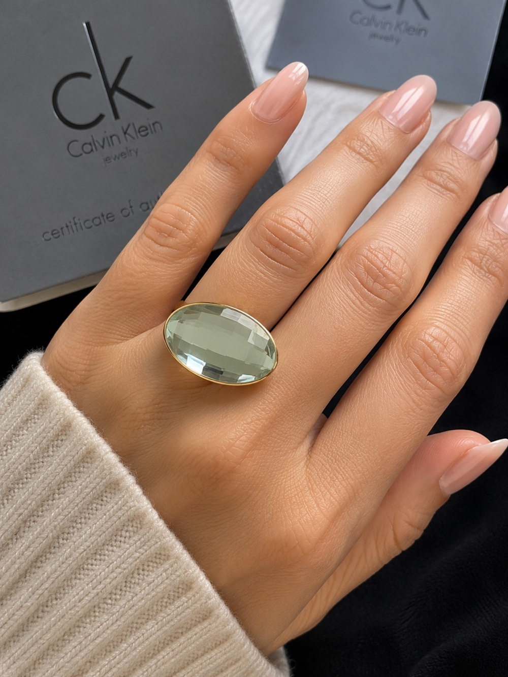 Calvin Klein White Onyx Stone Ring Green SZ 6.5 Old Money Luxury